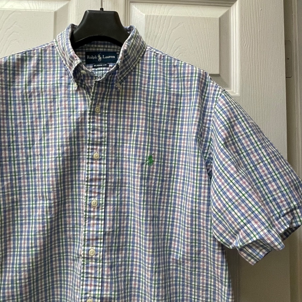 Ralph Lauren Classic Fit Shirt Men's XL Blue/Green Plaid‎ Short Sleeved Preppy